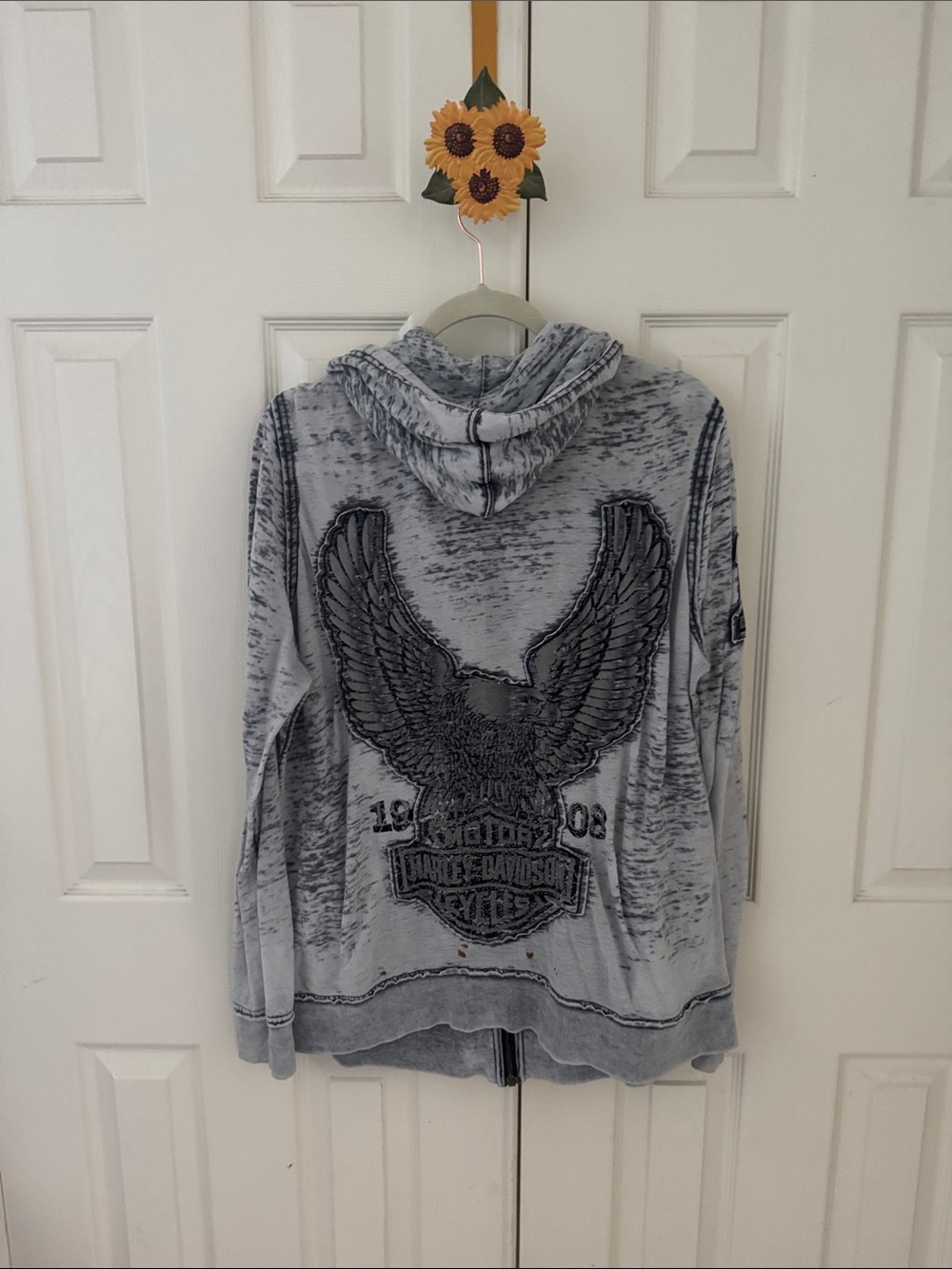 Harley-Davidson Light Gray Distressed Zip-Up Hoodie - Picture 3 of 3